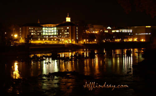 Lawrence University at night, reflected in the Fox River by Oneida Flats. Jeff Lindsay, October 11, 2004.